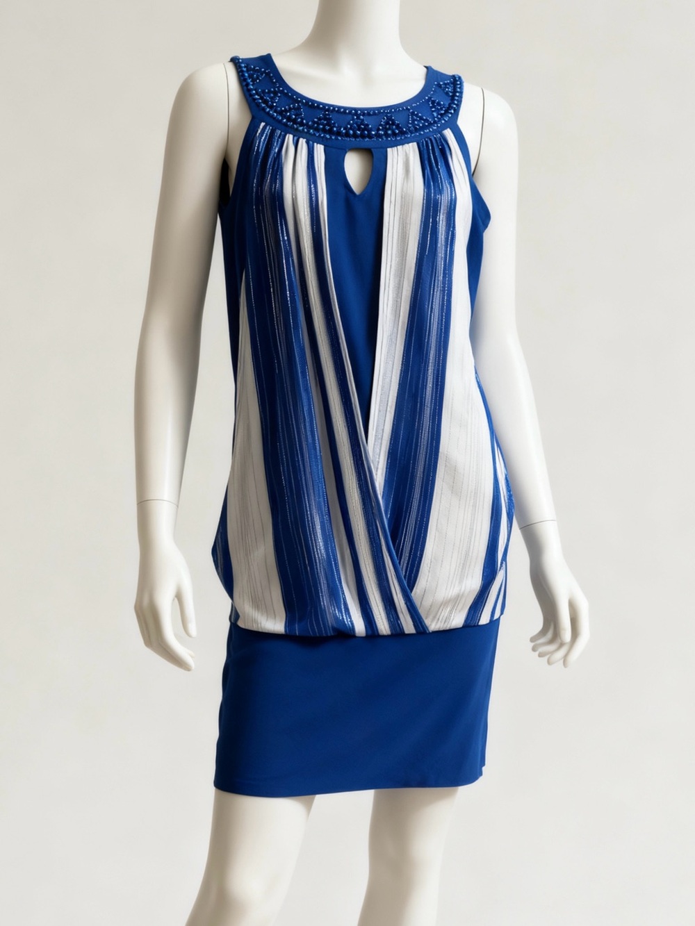 Blue Sleeveless Mini Dress with White Pleated Front Panels